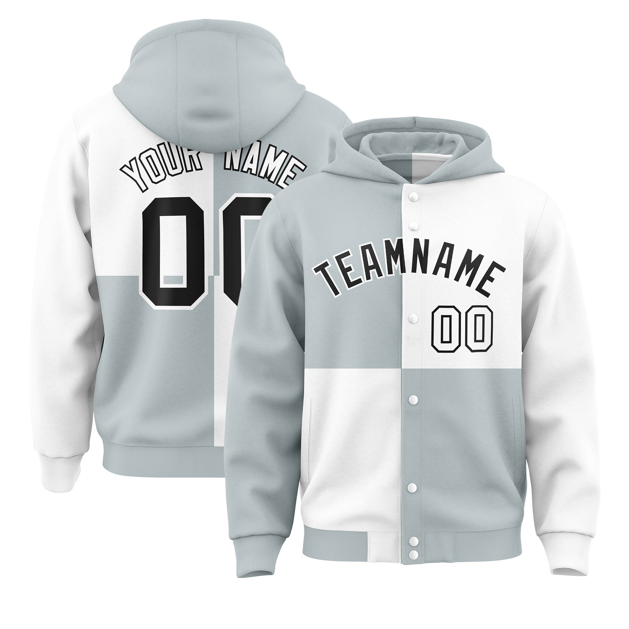 Custom Silver White Varsity Full-Snap Four Squares Color Block Letterman Jacket Hoodie| KXKSHOP