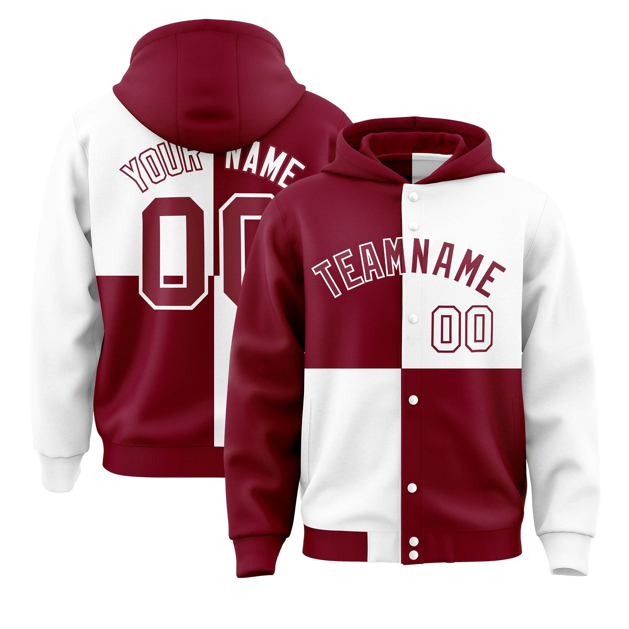 Custom Crimson White Varsity Full-Snap Four Squares Color Block Letterman Jacket Hoodie| KXKSHOP