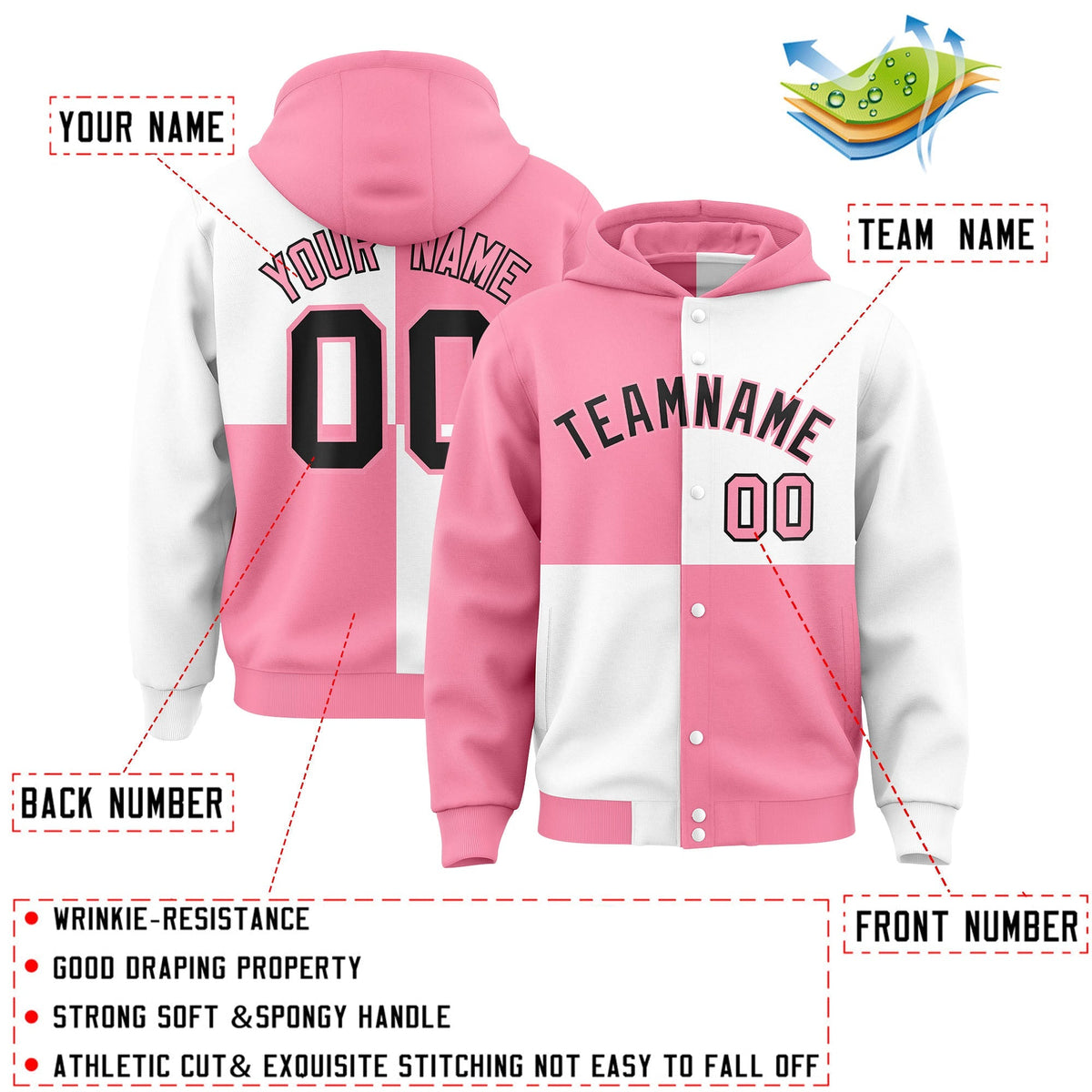 Custom Light Pink White Varsity Full-Snap Four Squares Color Block Letterman Jacket Hoodie| KXKSHOP