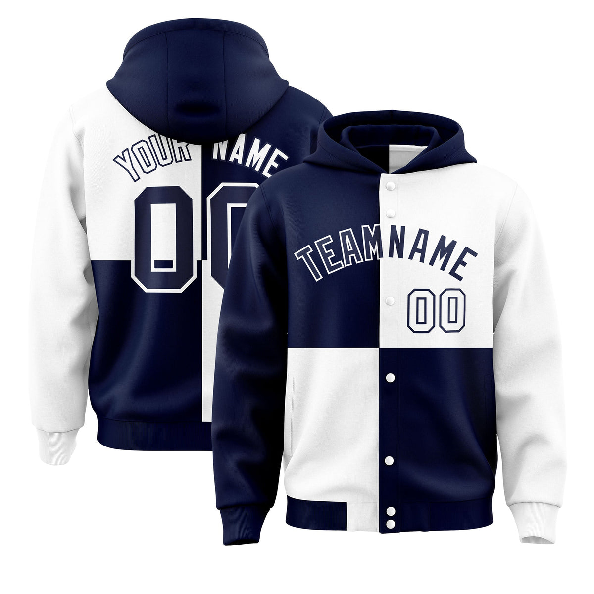 Custom Navy White Varsity Full-Snap Four Squares Color Block Letterman Jacket Hoodie| KXKSHOP
