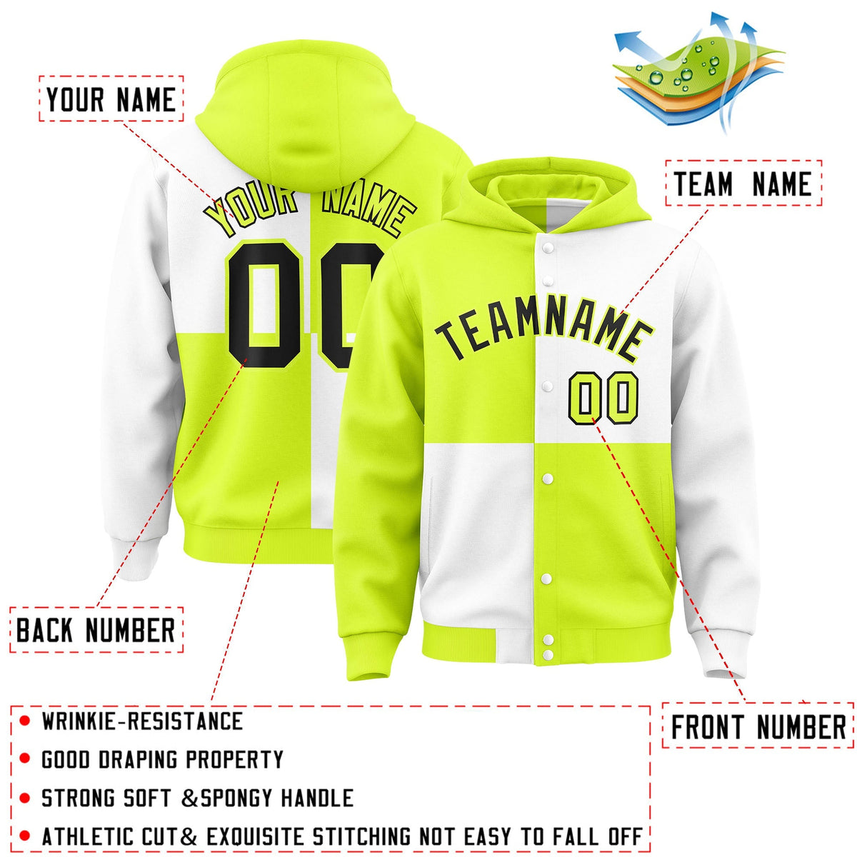 Custom Green White Varsity Full-Snap Four Squares Color Block Letterman Jacket Hoodie| KXKSHOP