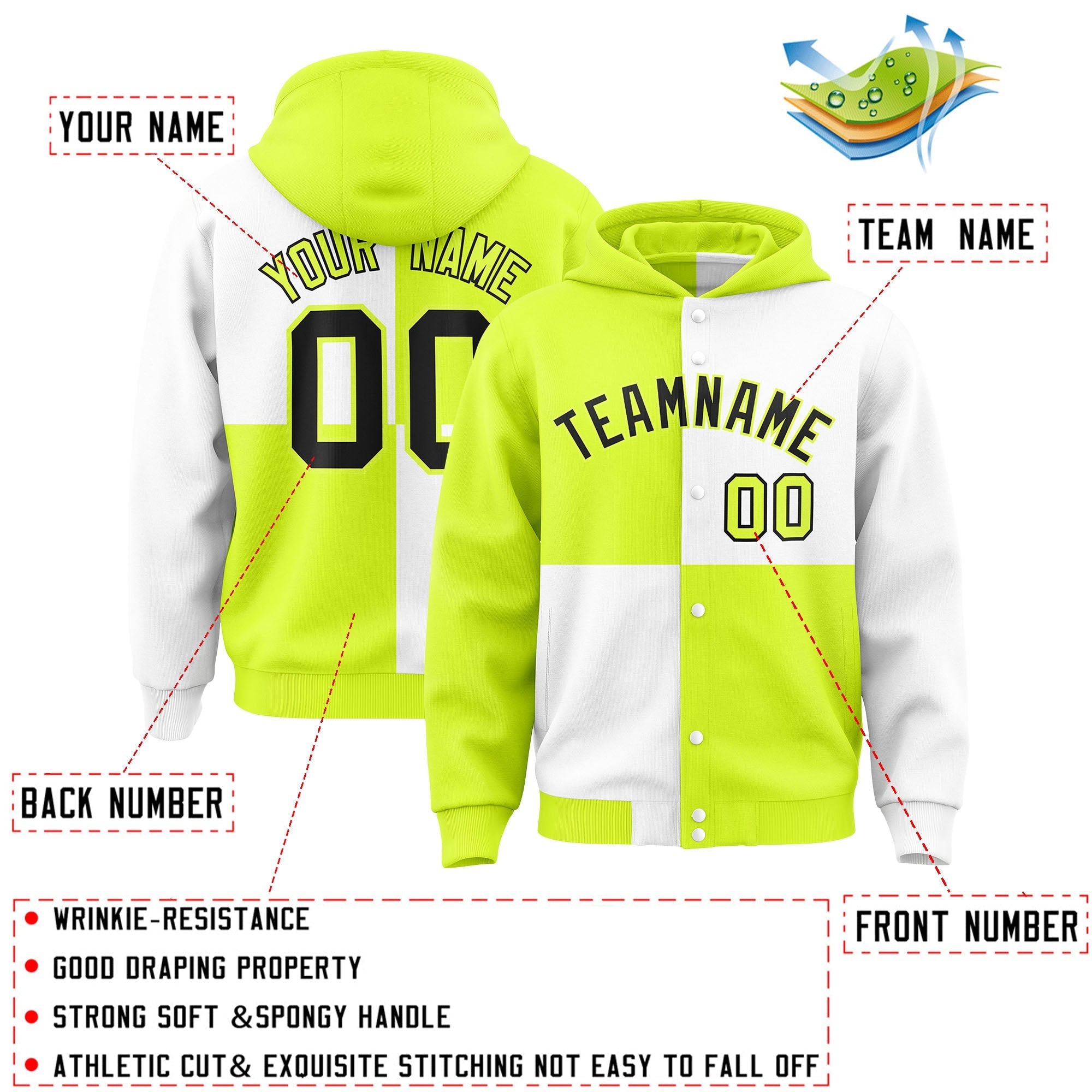 Custom Green White Varsity Full-Snap Four Squares Color Block Letterman Jacket Hoodie| KXKSHOP