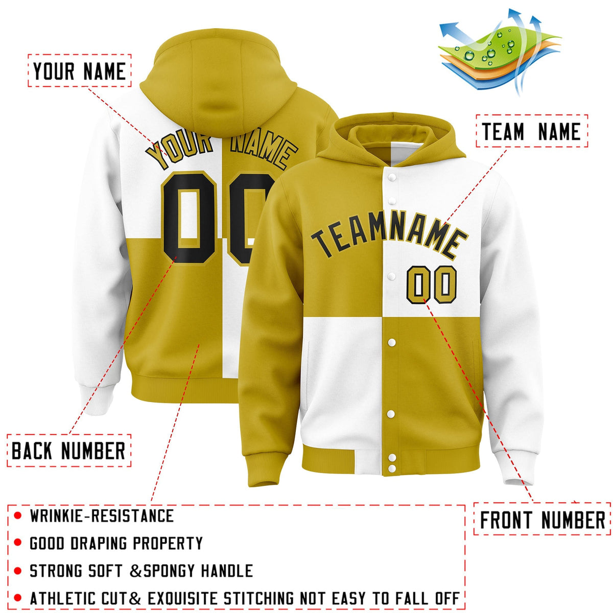 Custom Old Gold White Varsity Full-Snap Four Squares Color Block Letterman Jacket Hoodie| KXKSHOP