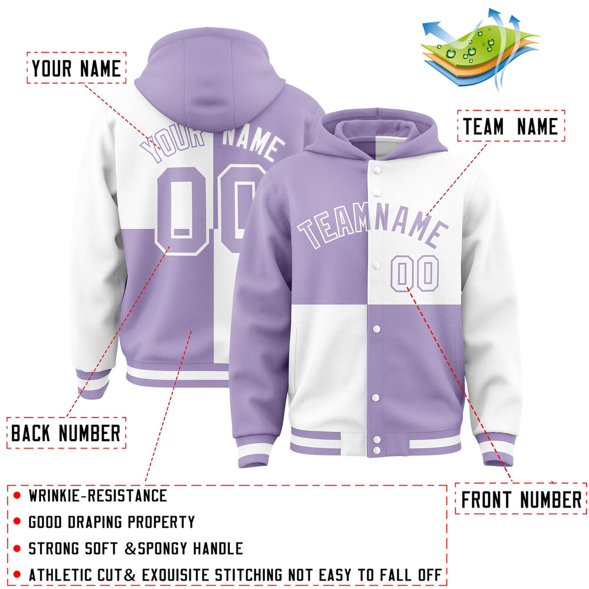 Custom Light Purple White Varsity Full-Snap Four Squares Color Block Letterman Jacket Hoodie| KXKSHOP