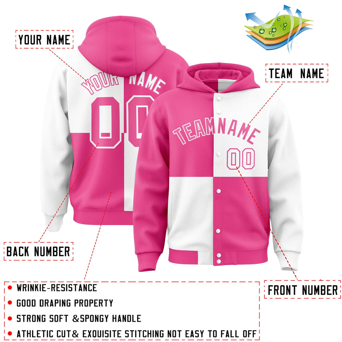 Custom Pink White Varsity Full-Snap Four Squares Color Block Letterman Jacket Hoodie| KXKSHOP