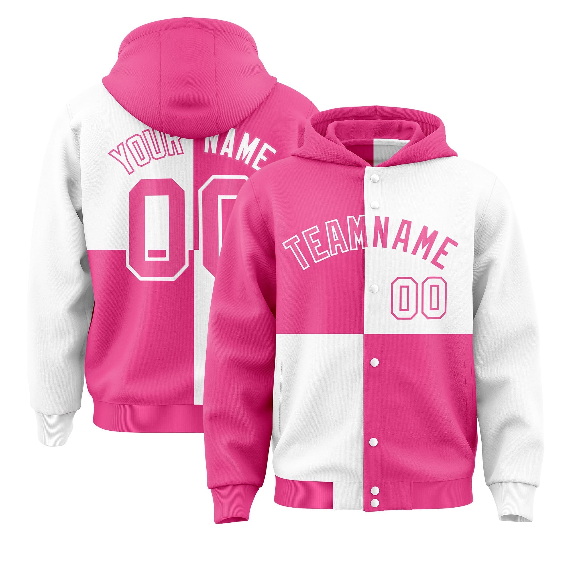 Custom Pink White Varsity Full-Snap Four Squares Color Block Letterman Jacket Hoodie| KXKSHOP