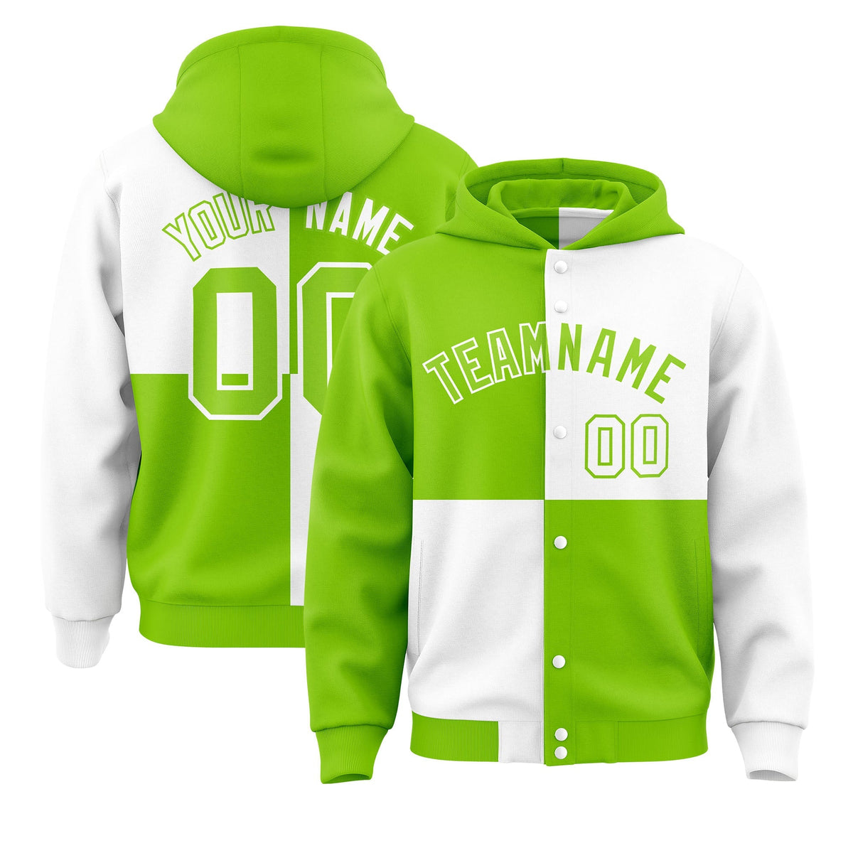 Custom Neon Green White Varsity Full-Snap Four Squares Color Block Letterman Jacket Hoodie| KXKSHOP