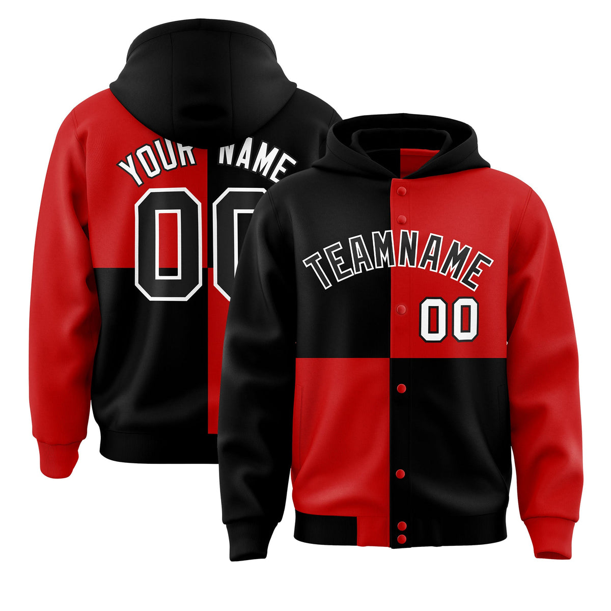 Custom Black Red Varsity Full-Snap Four Squares Color Block Letterman Jacket Hoodie| KXKSHOP