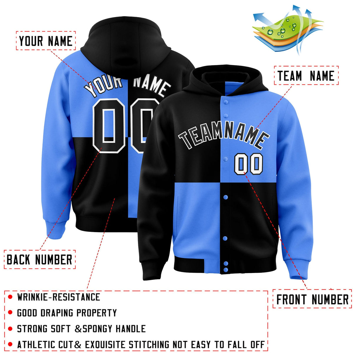 Custom Black Powder Blue Varsity Full-Snap Four Squares Color Block Letterman Jacket Hoodie| KXKSHOP