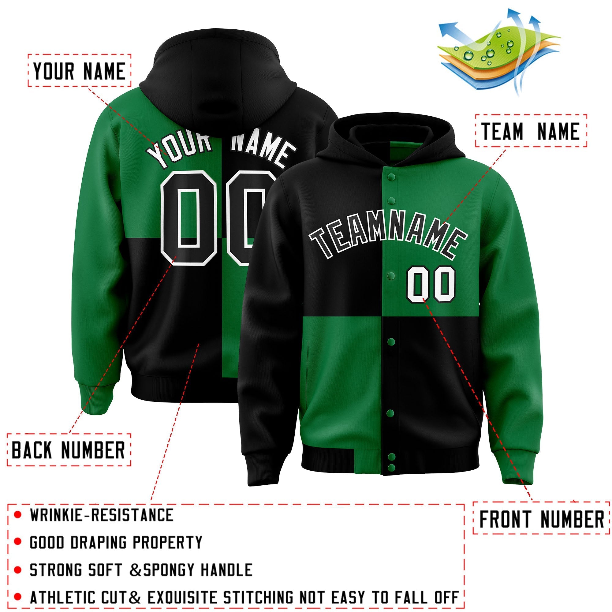 Custom Black Kelly Green Varsity Full-Snap Four Squares Color Block Letterman Jacket Hoodie| KXKSHOP