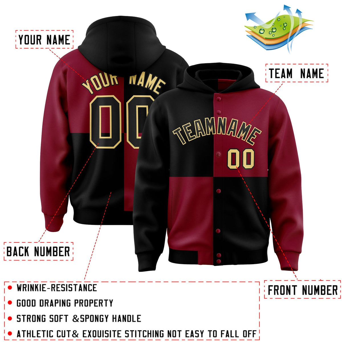 Custom Black Crimson Varsity Full-Snap Four Squares Color Block Letterman Jacket Hoodie| KXKSHOP