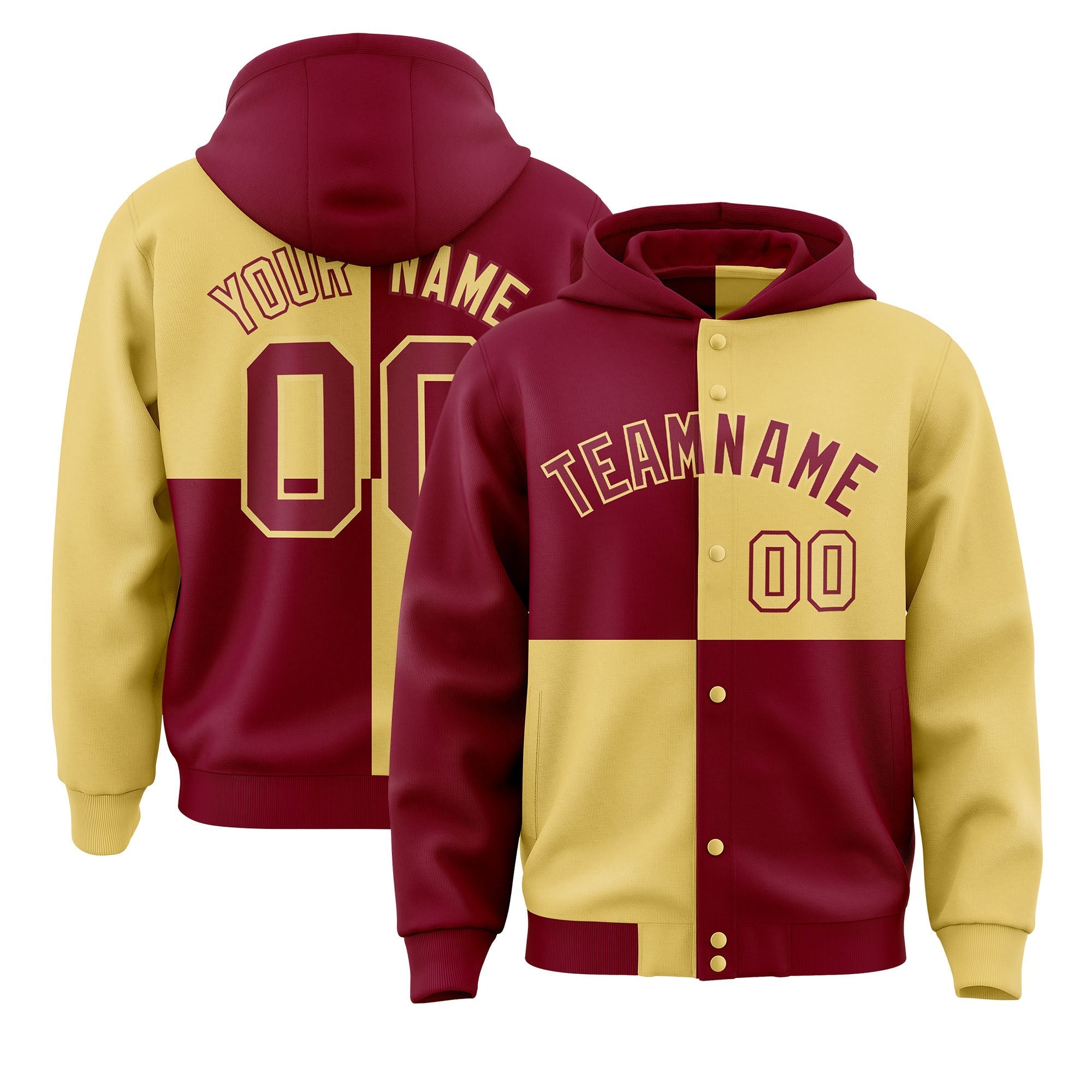 Custom Crimson Khaki Varsity Full-Snap Four Squares Color Block Letterman Jacket Hoodie| KXKSHOP