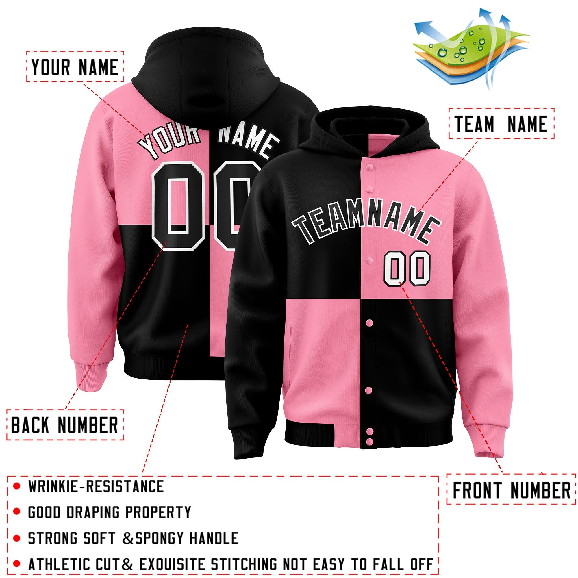 Custom Black Light Pink Varsity Full-Snap Four Squares Color Block Letterman Jacket Hoodie| KXKSHOP