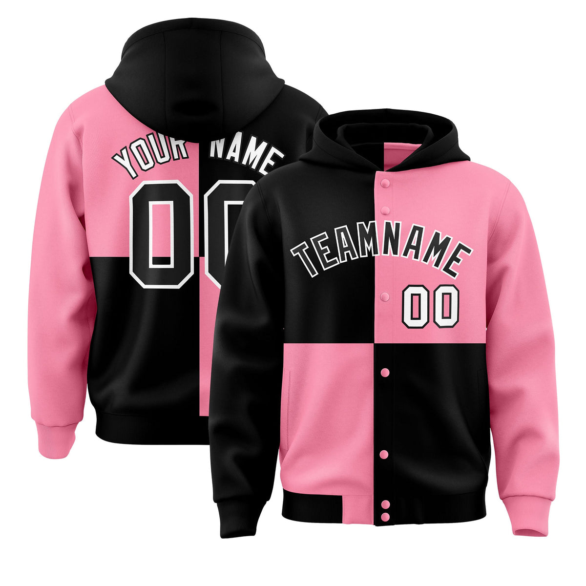 Custom Black Light Pink Varsity Full-Snap Four Squares Color Block Letterman Jacket Hoodie| KXKSHOP