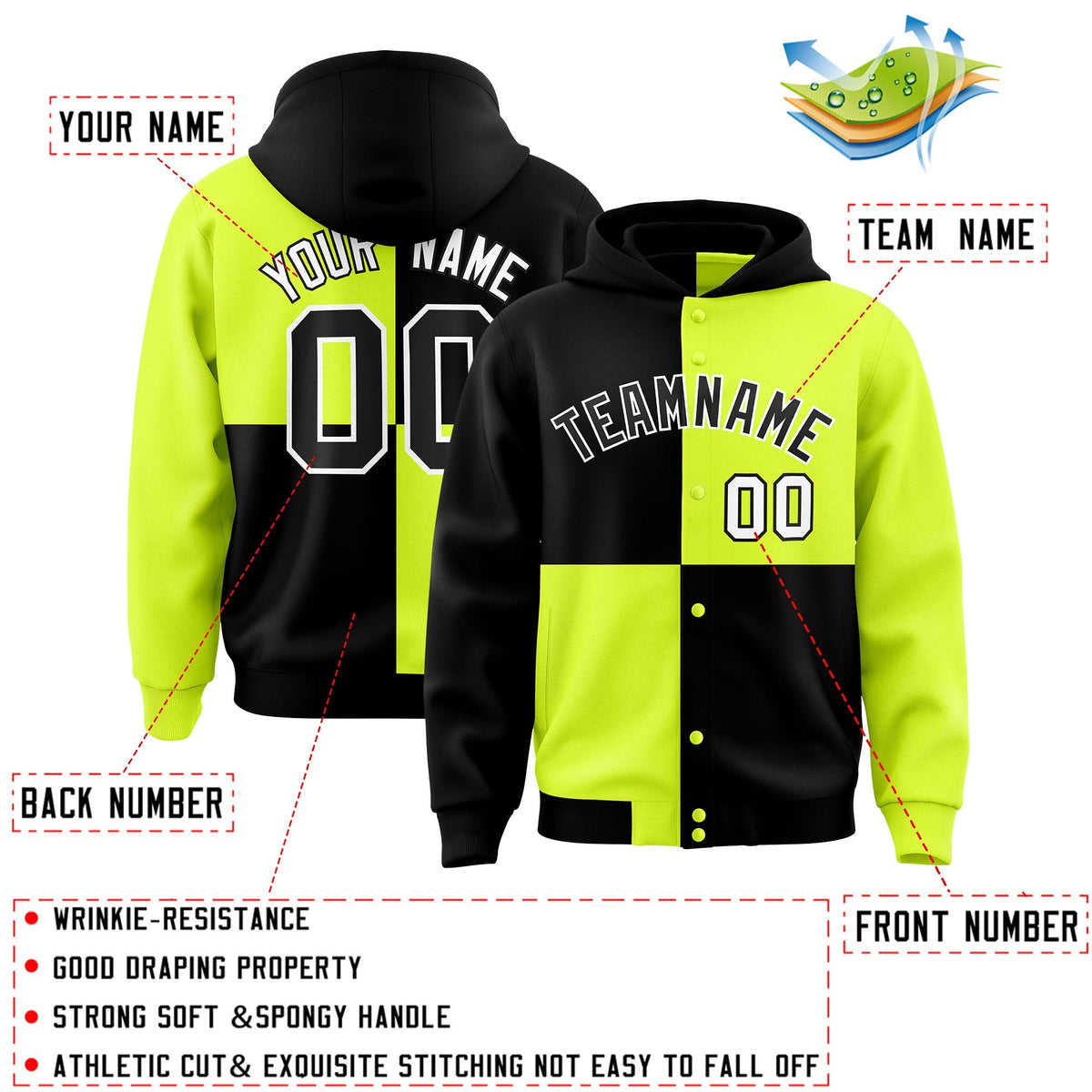 Custom Black Green Varsity Full-Snap Four Squares Color Block Letterman Jacket Hoodie| KXKSHOP