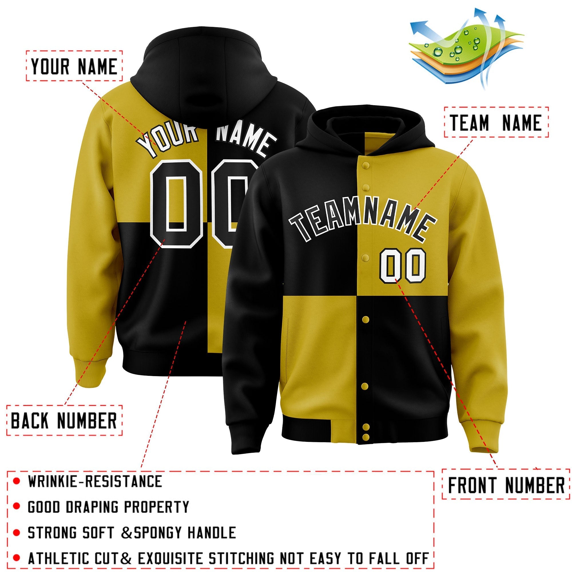 Custom Black Old Gold Varsity Full-Snap Four Squares Color Block Letterman Jacket Hoodie| KXKSHOP