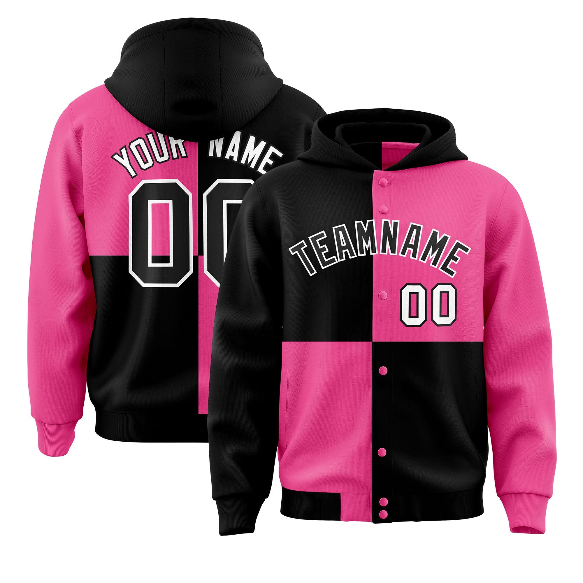 Custom Black Pink Varsity Full-Snap Four Squares Color Block Letterman Jacket Hoodie| KXKSHOP