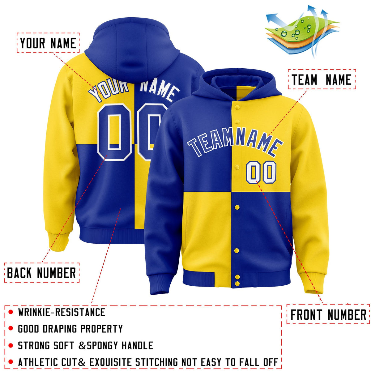 Custom Royal Gold Varsity Full-Snap Four Squares Color Block Letterman Jacket Hoodie| KXKSHOP