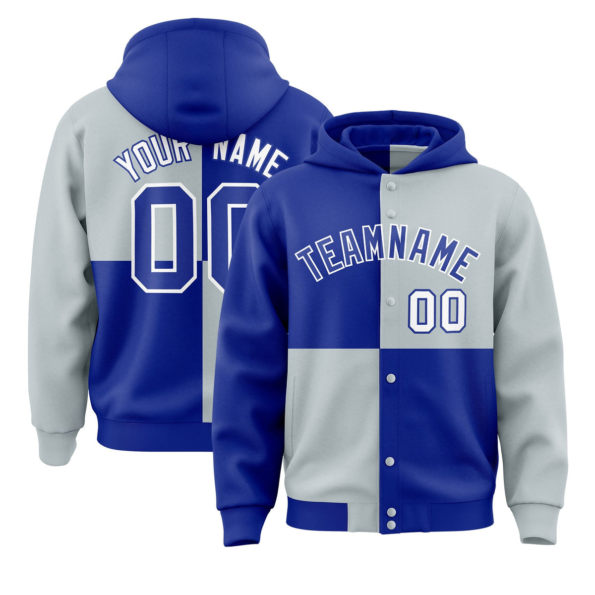Custom Royal Silver Varsity Full-Snap Four Squares Color Block Letterman Jacket Hoodie| KXKSHOP