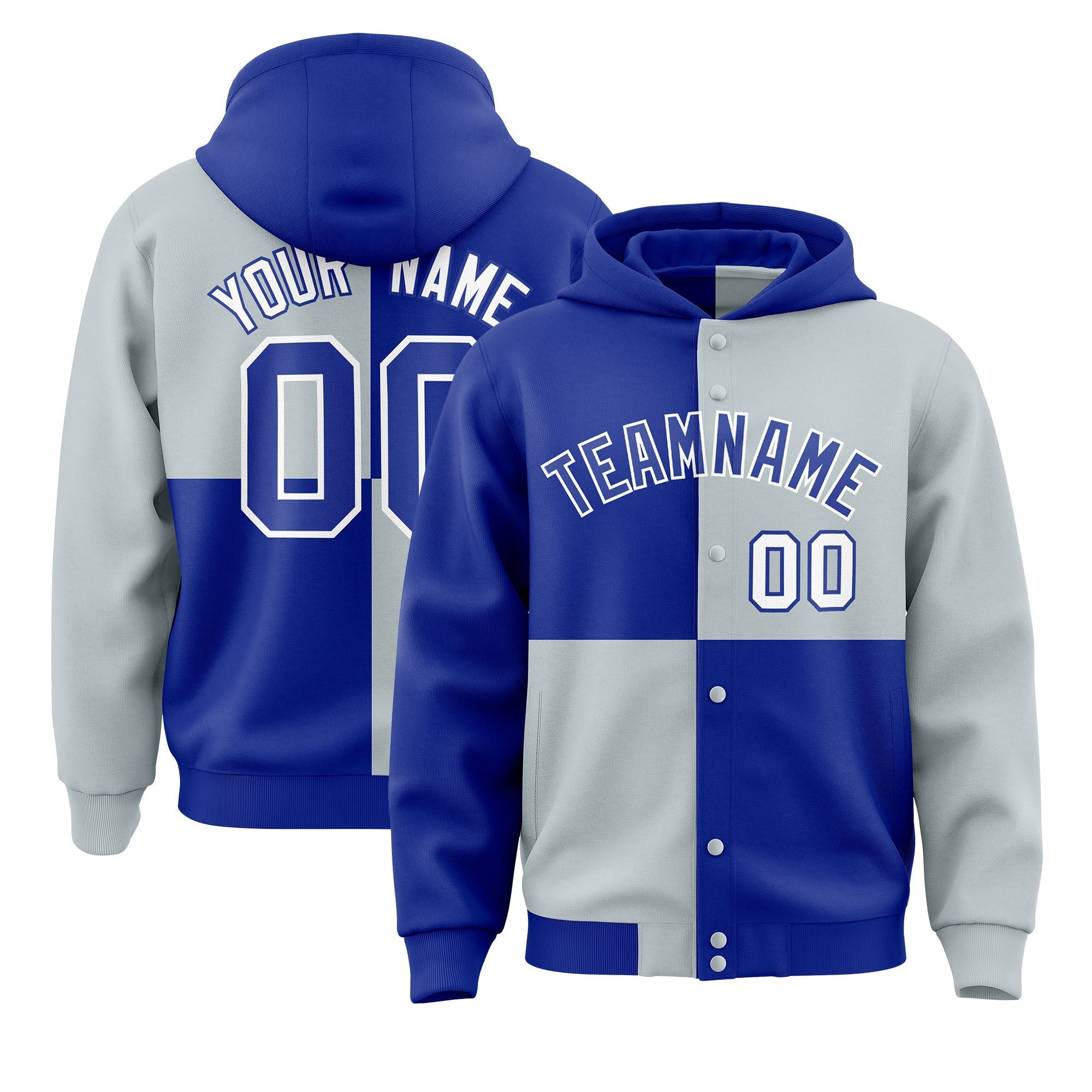 Custom Royal Silver Varsity Full-Snap Four Squares Color Block Letterman Jacket Hoodie| KXKSHOP