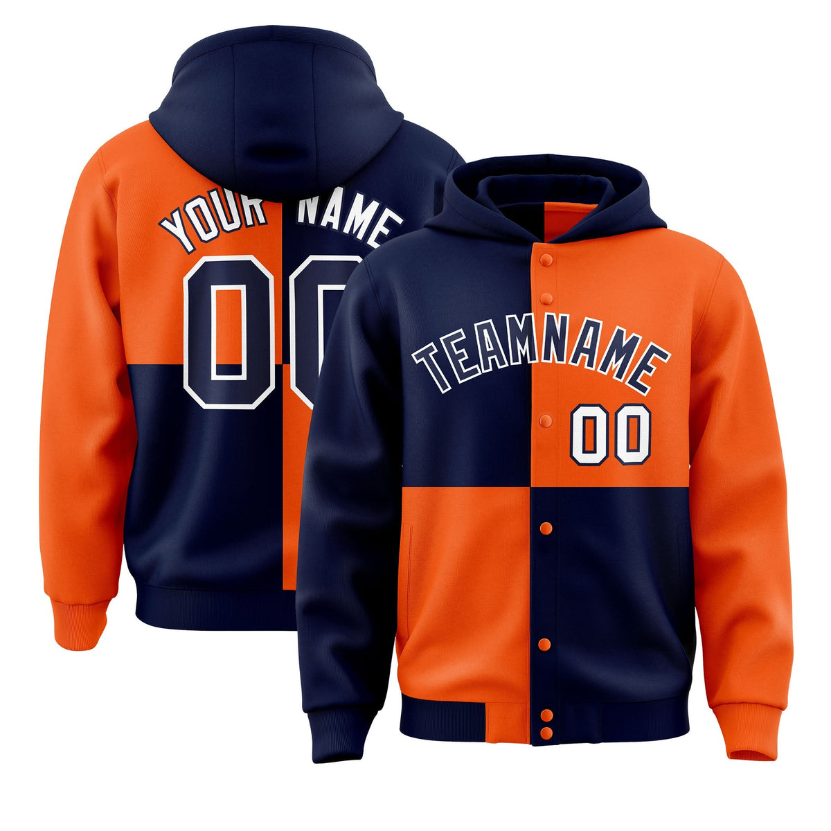 Custom Navy Orange Varsity Full-Snap Four Squares Color Block Letterman Jacket Hoodie| KXKSHOP
