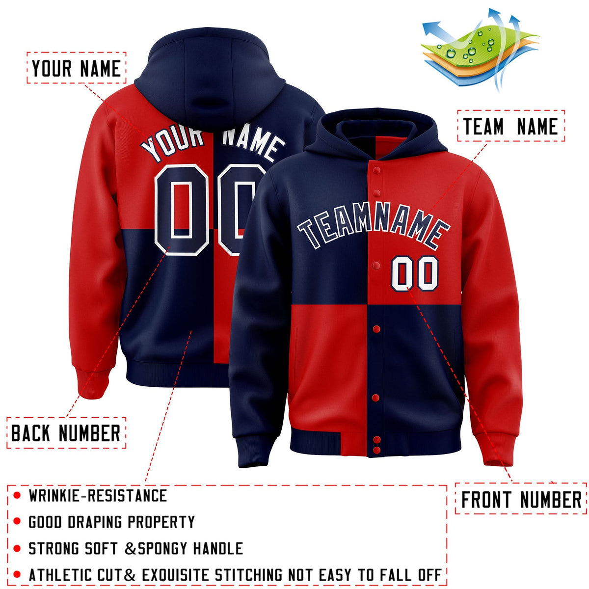 Custom Navy Red Varsity Full-Snap Four Squares Color Block Letterman Jacket Hoodie| KXKSHOP