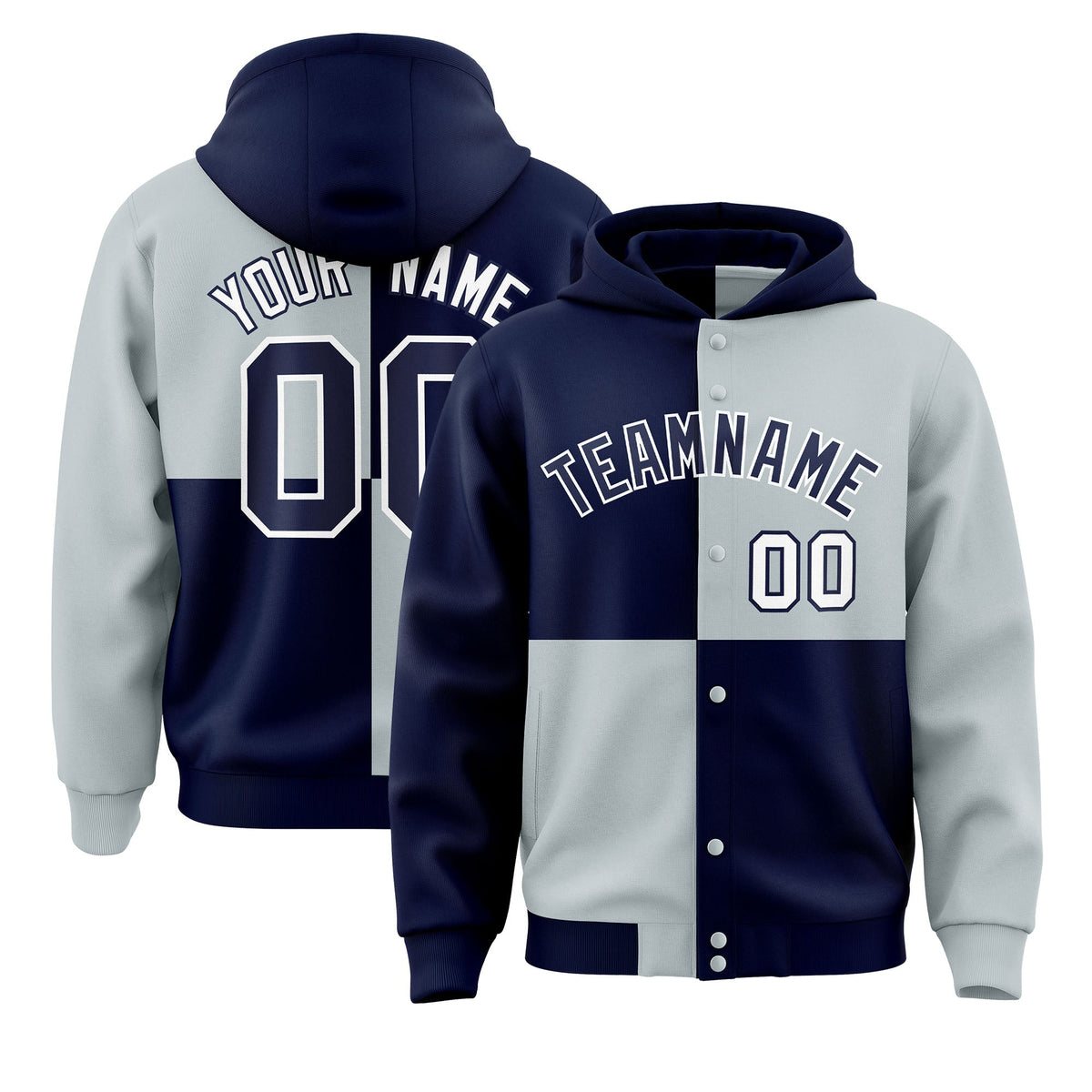 Custom Navy Silver Varsity Full-Snap Four Squares Color Block Letterman Jacket Hoodie| KXKSHOP