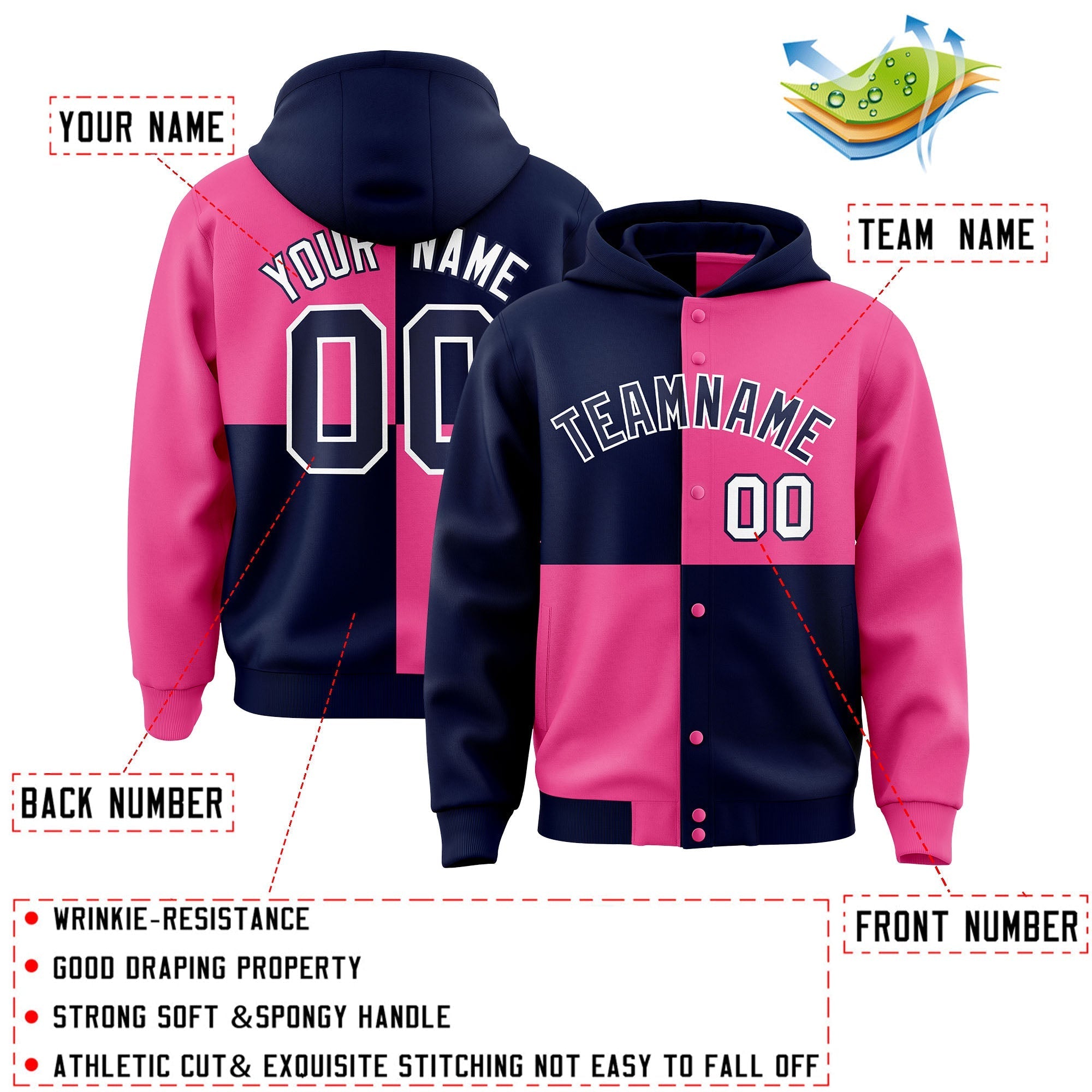 Custom Navy Pink Varsity Full-Snap Four Squares Color Block Letterman Jacket Hoodie| KXKSHOP
