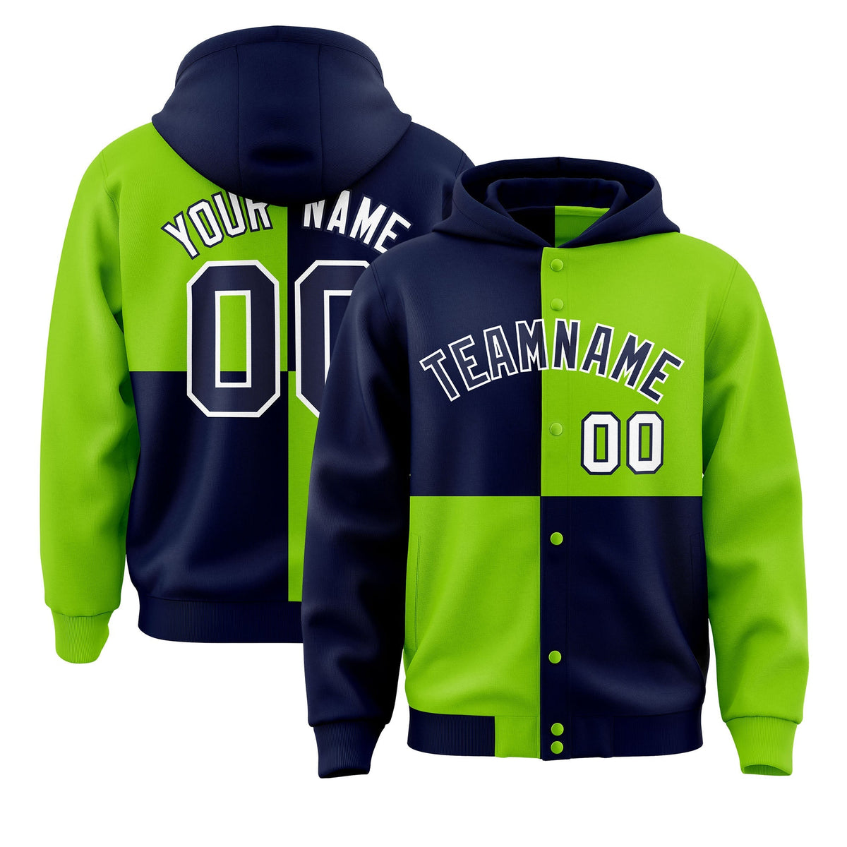 Custom Navy Neon Green Varsity Full-Snap Four Squares Color Block Letterman Jacket Hoodie| KXKSHOP