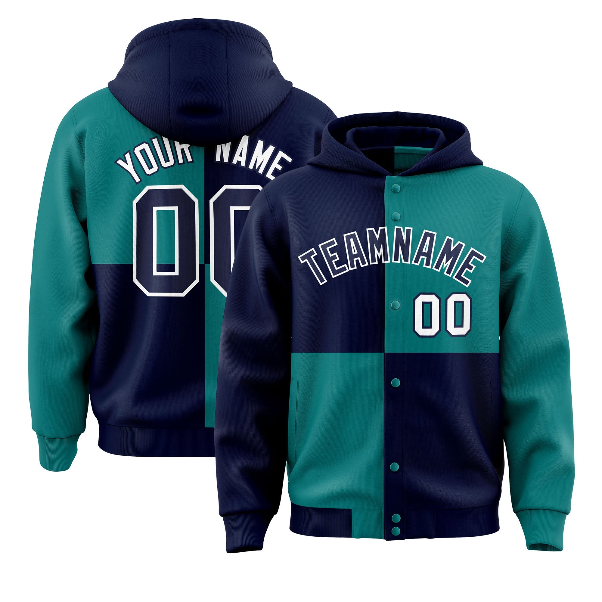 Custom Navy Aqua Varsity Full-Snap Four Squares Color Block Letterman Jacket Hoodie| KXKSHOP