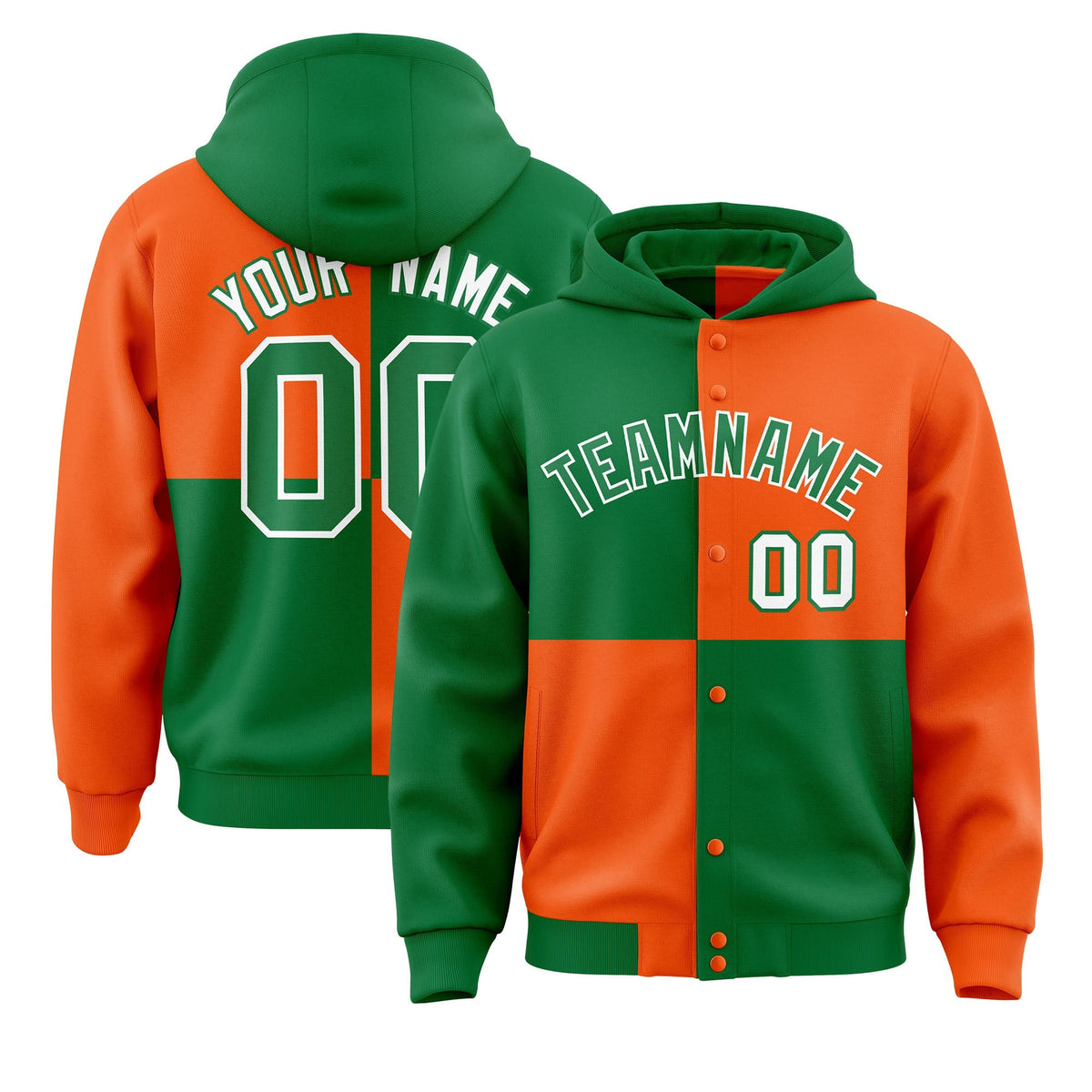 Custom Kelly Green Orange Varsity Full-Snap Four Squares Color Block Letterman Jacket Hoodie| KXKSHOP