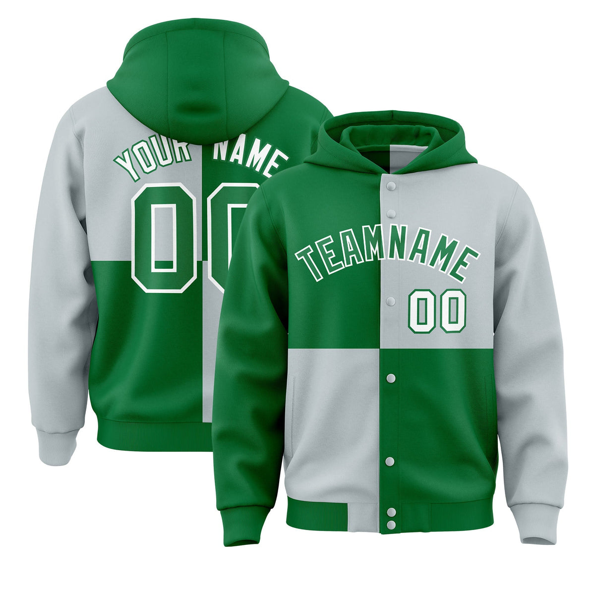 Custom Kelly Green Silver Varsity Full-Snap Four Squares Color Block Letterman Jacket Hoodie| KXKSHOP