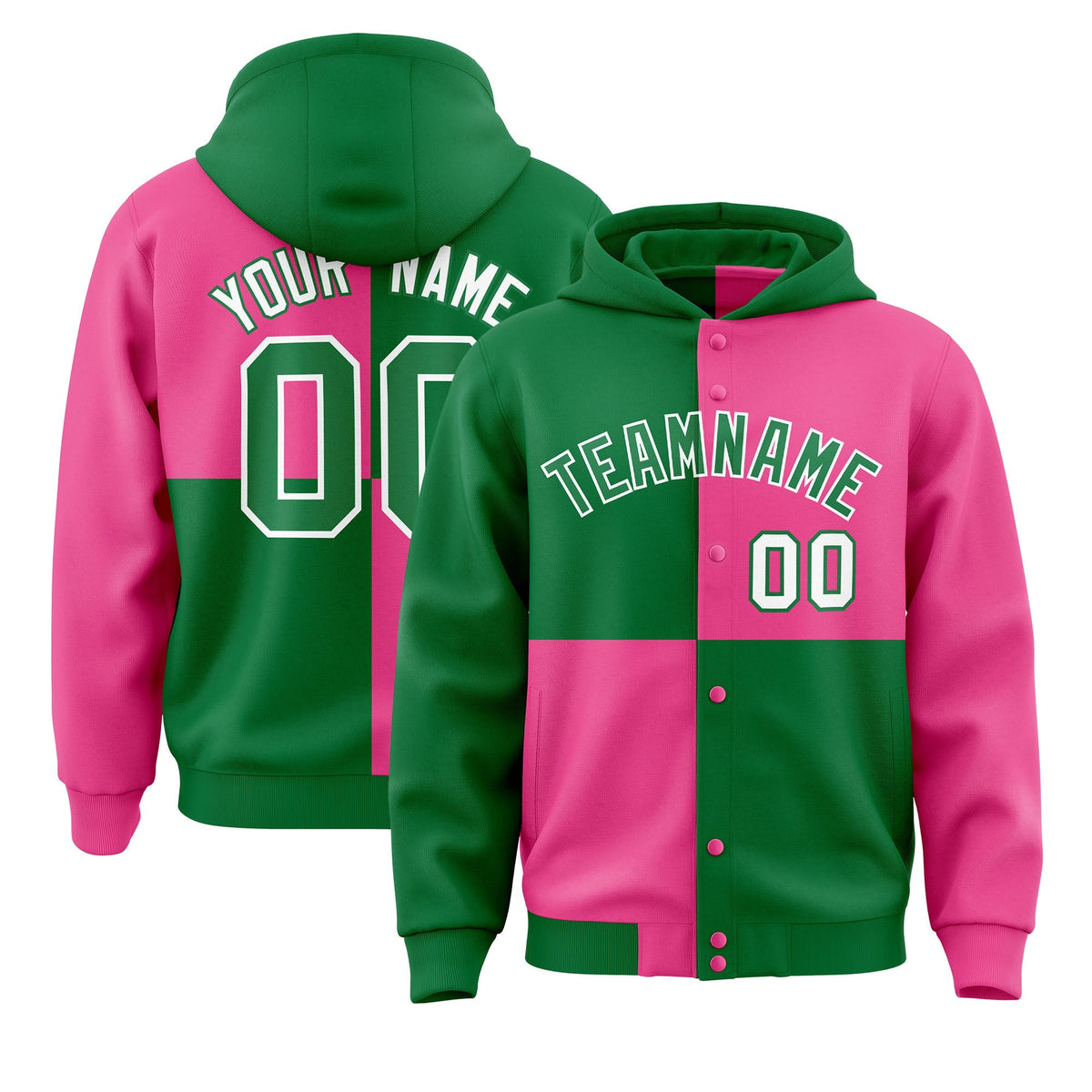 Custom Kelly Green Pink Varsity Full-Snap Four Squares Color Block Letterman Jacket Hoodie| KXKSHOP