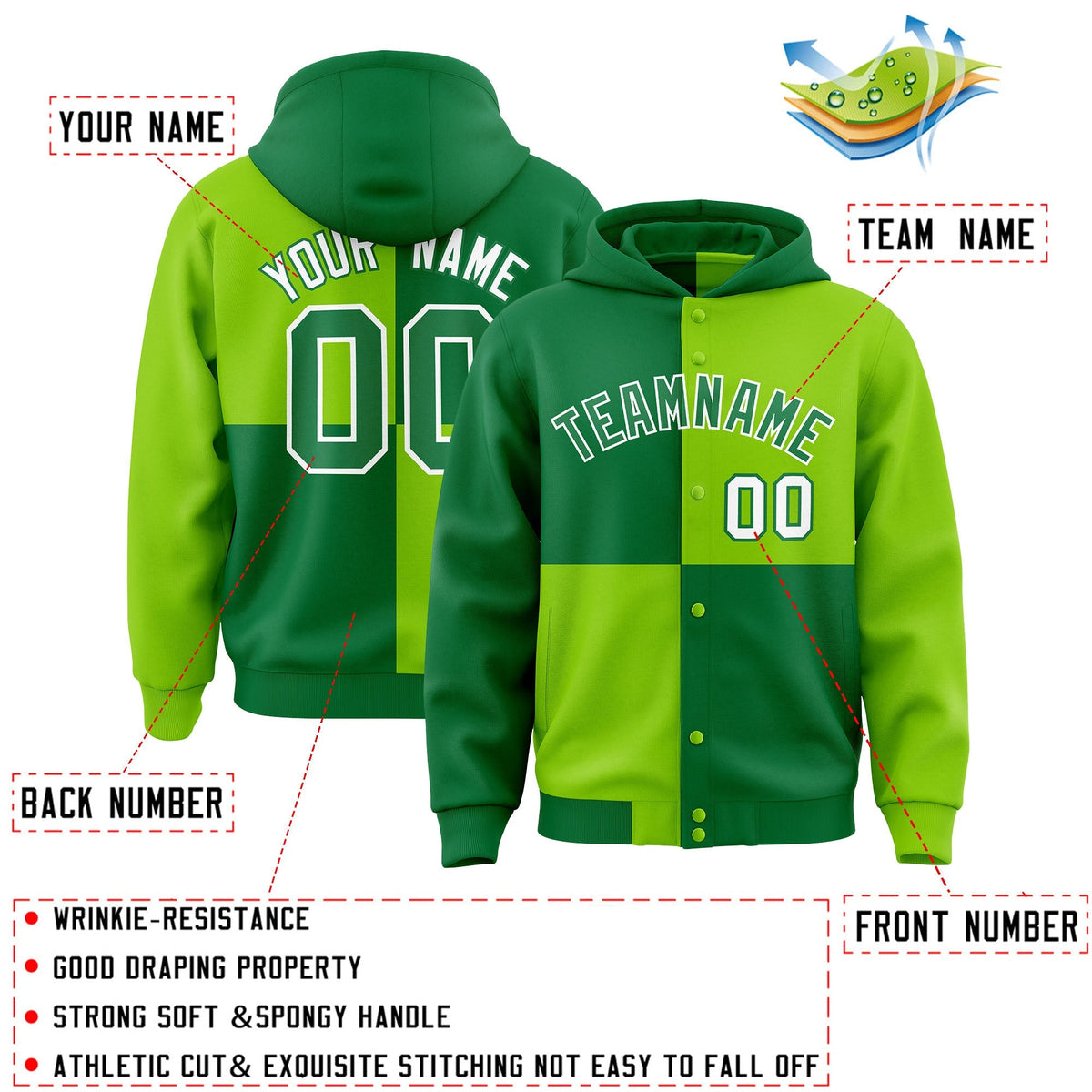 Custom Kelly Green Neon Green Varsity Full-Snap Four Squares Color Block Letterman Jacket Hoodie| KXKSHOP