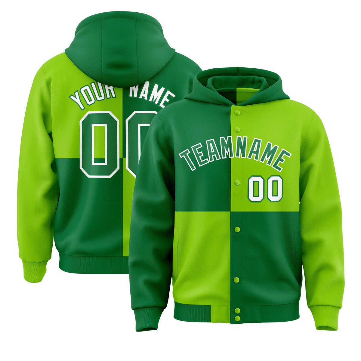 Custom Kelly Green Neon Green Varsity Full-Snap Four Squares Color Block Letterman Jacket Hoodie| KXKSHOP