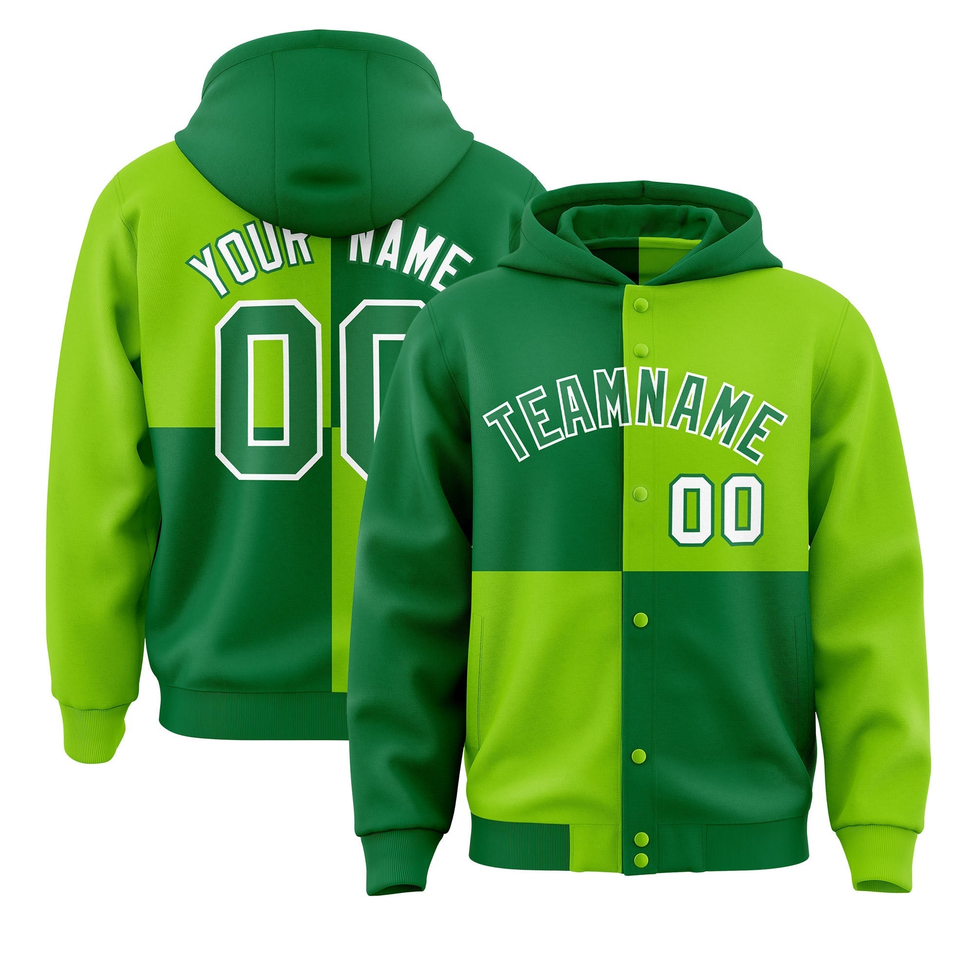 Custom Kelly Green Neon Green Varsity Full-Snap Four Squares Color Block Letterman Jacket Hoodie| KXKSHOP