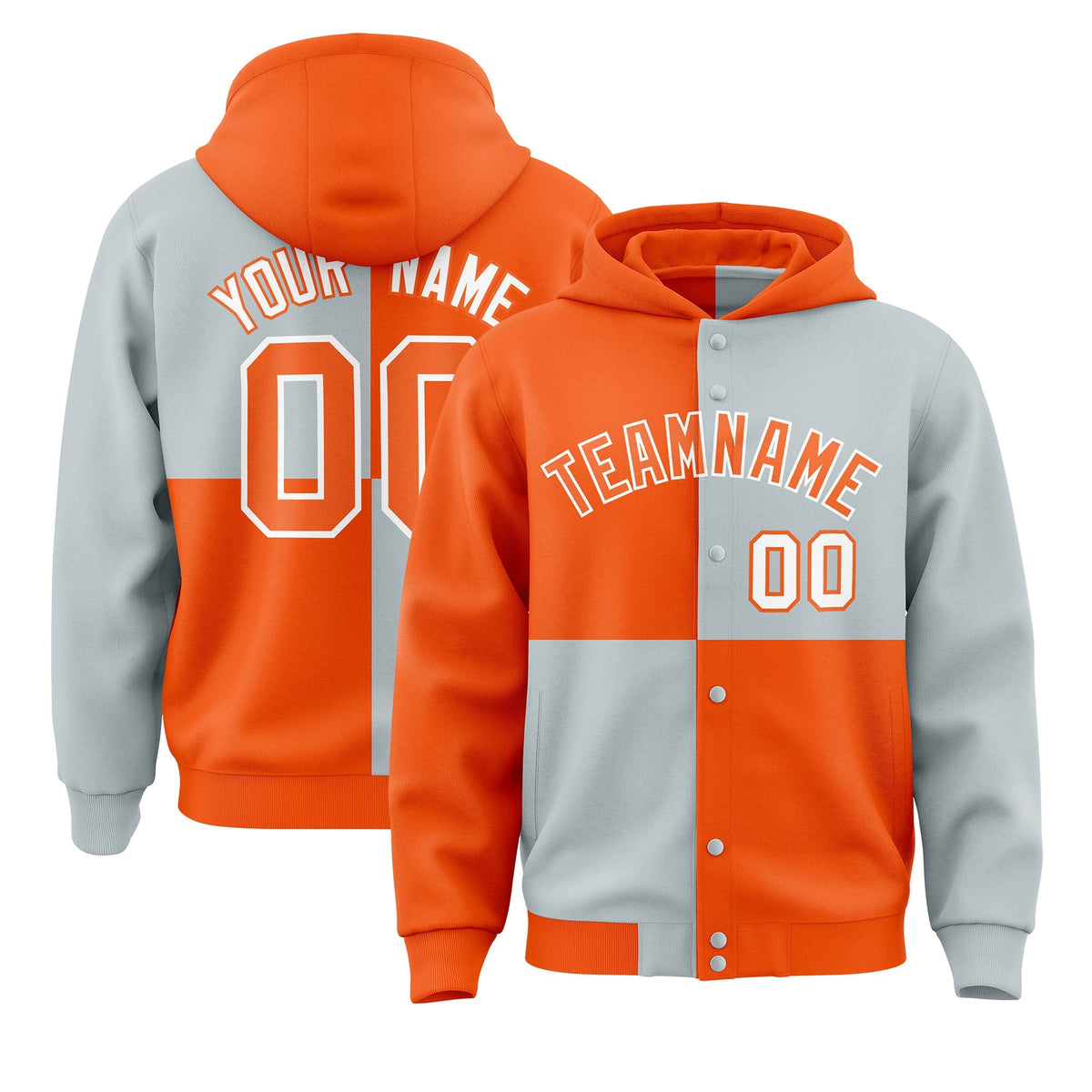 Custom Orange Silver Varsity Full-Snap Four Squares Color Block Letterman Jacket Hoodie| KXKSHOP