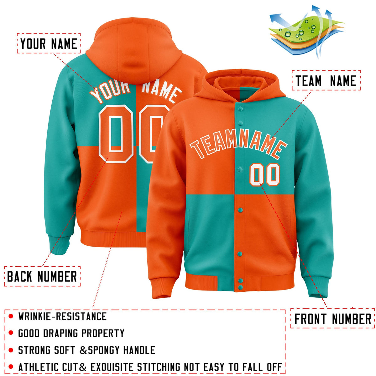 Custom Orange Aqua Varsity Full-Snap Four Squares Color Block Letterman Jacket Hoodie| KXKSHOP
