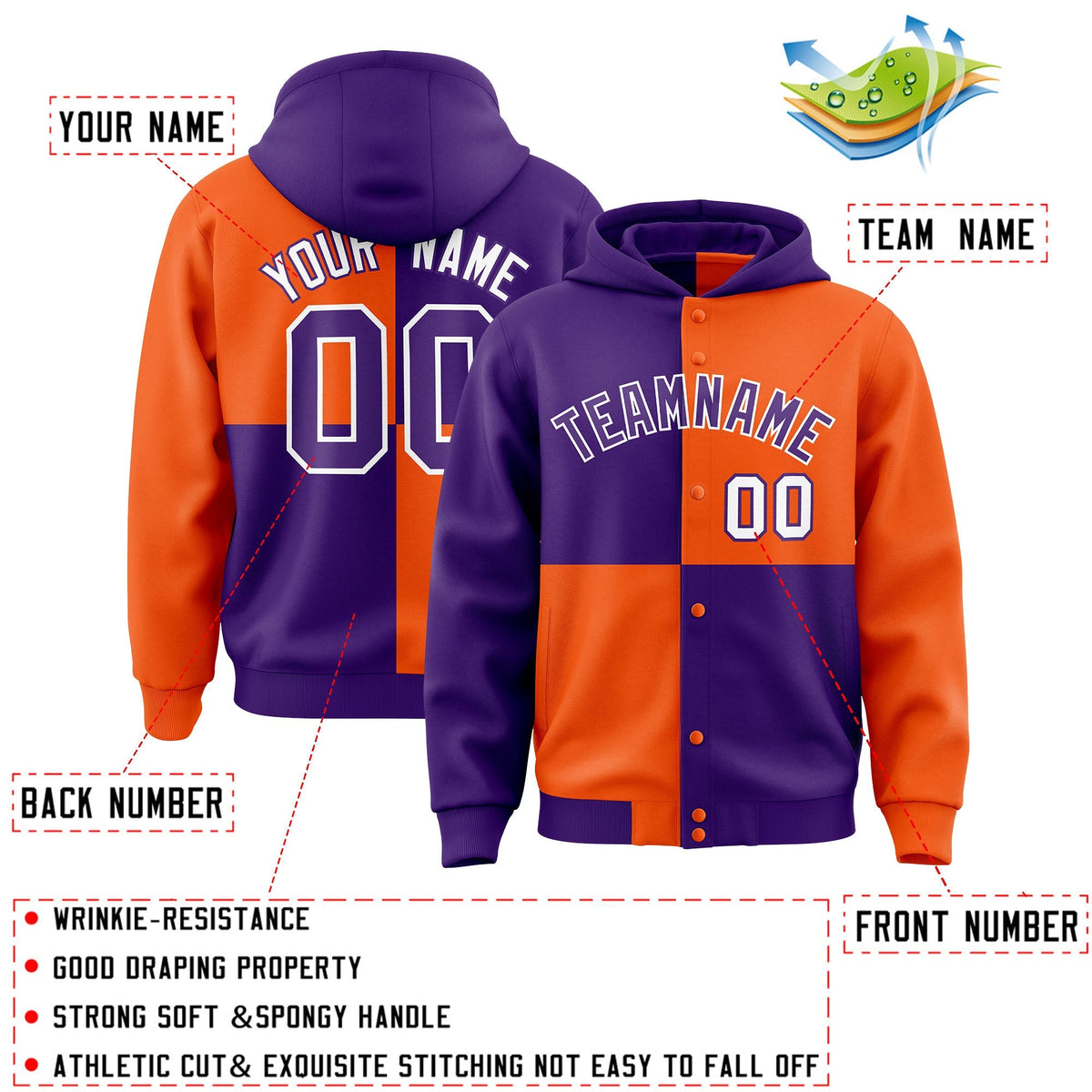 Custom Purple Orange Varsity Full-Snap Four Squares Color Block Letterman Jacket Hoodie| KXKSHOP