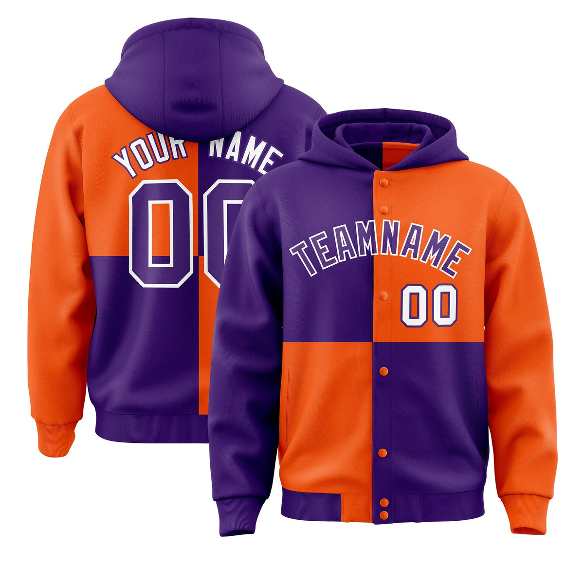Custom Purple Orange Varsity Full-Snap Four Squares Color Block Letterman Jacket Hoodie| KXKSHOP