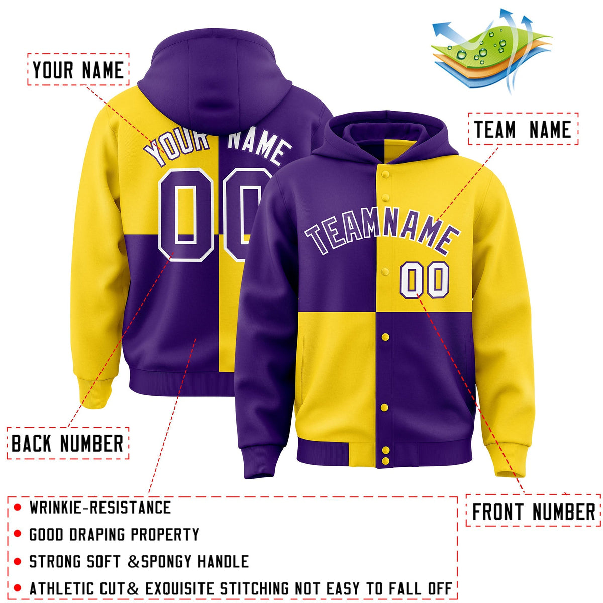 Custom Purple Gold Varsity Full-Snap Four Squares Color Block Letterman Jacket Hoodie| KXKSHOP