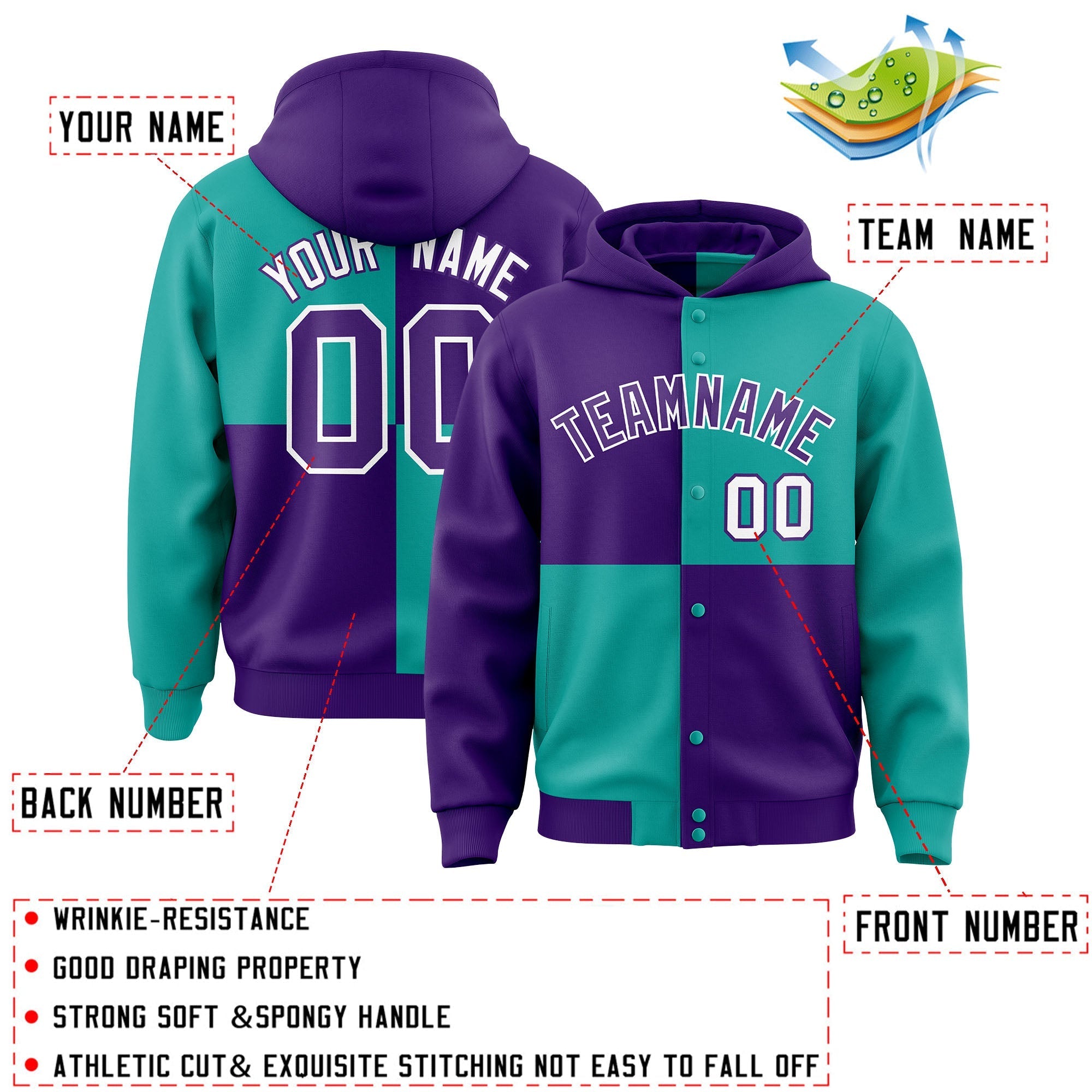 Custom Purple Aqua Varsity Full-Snap Four Squares Color Block Letterman Jacket Hoodie| KXKSHOP