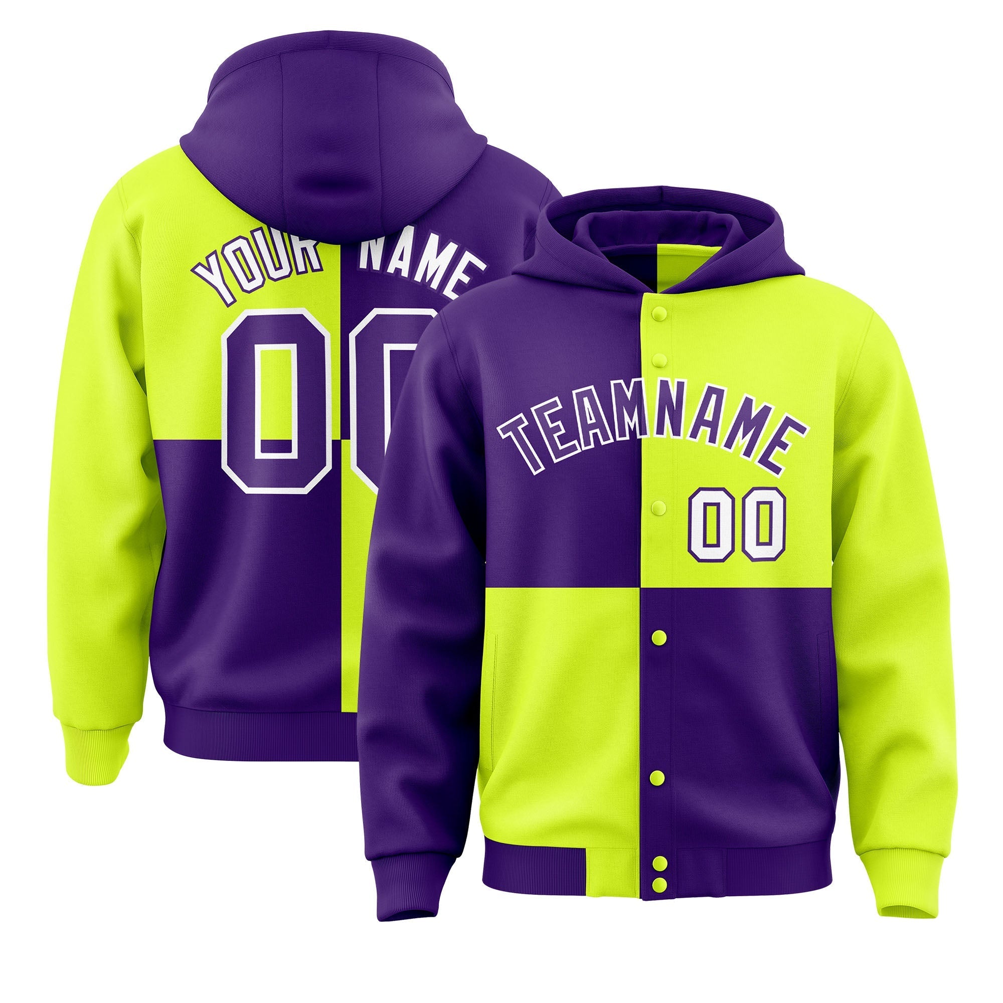 Custom Purple Green Varsity Full-Snap Four Squares Color Block Letterman Jacket Hoodie| KXKSHOP