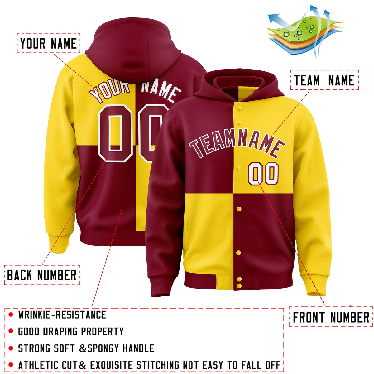 Custom Crimson Gold Varsity Full-Snap Four Squares Color Block Letterman Jacket Hoodie| KXKSHOP