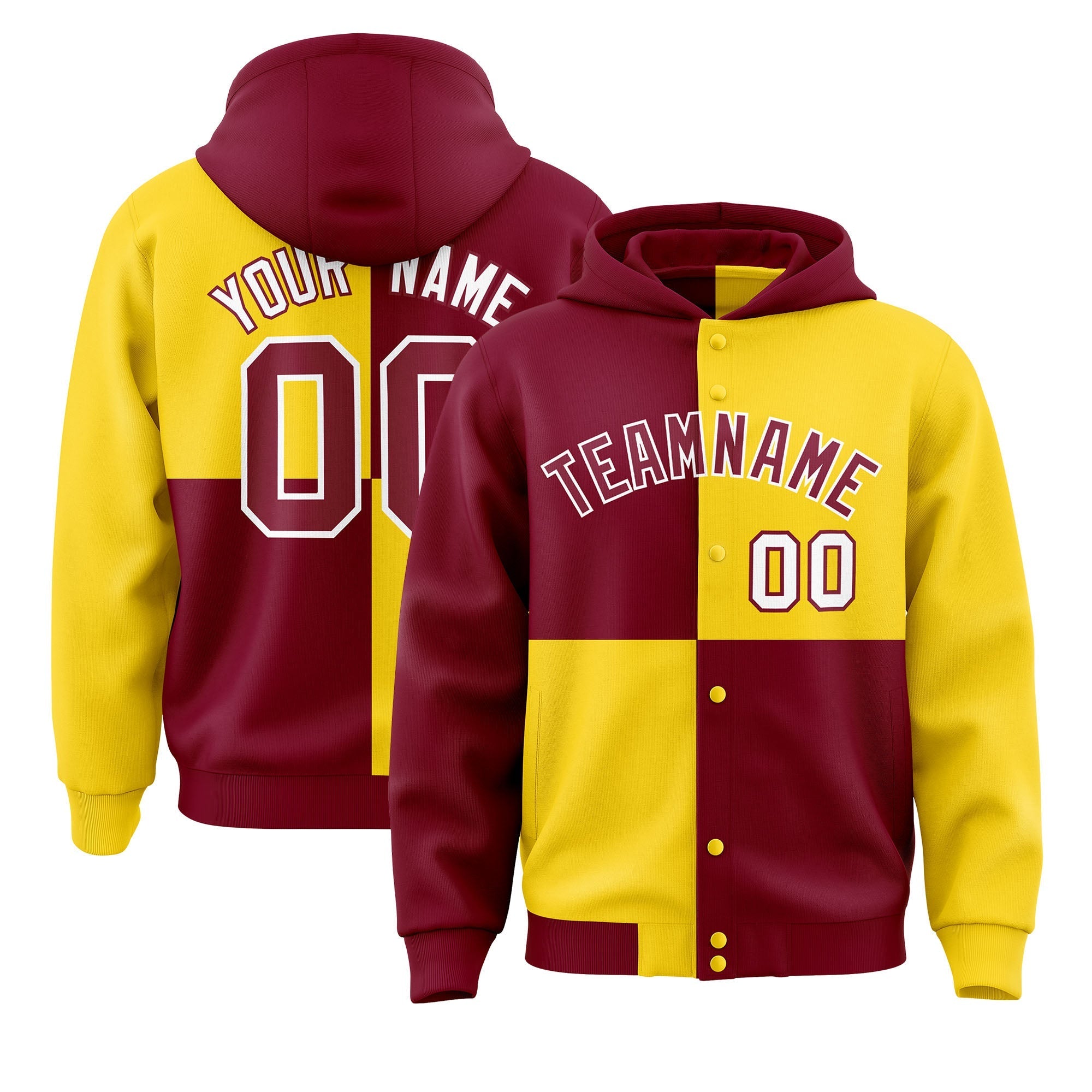 Custom Crimson Gold Varsity Full-Snap Four Squares Color Block Letterman Jacket Hoodie| KXKSHOP