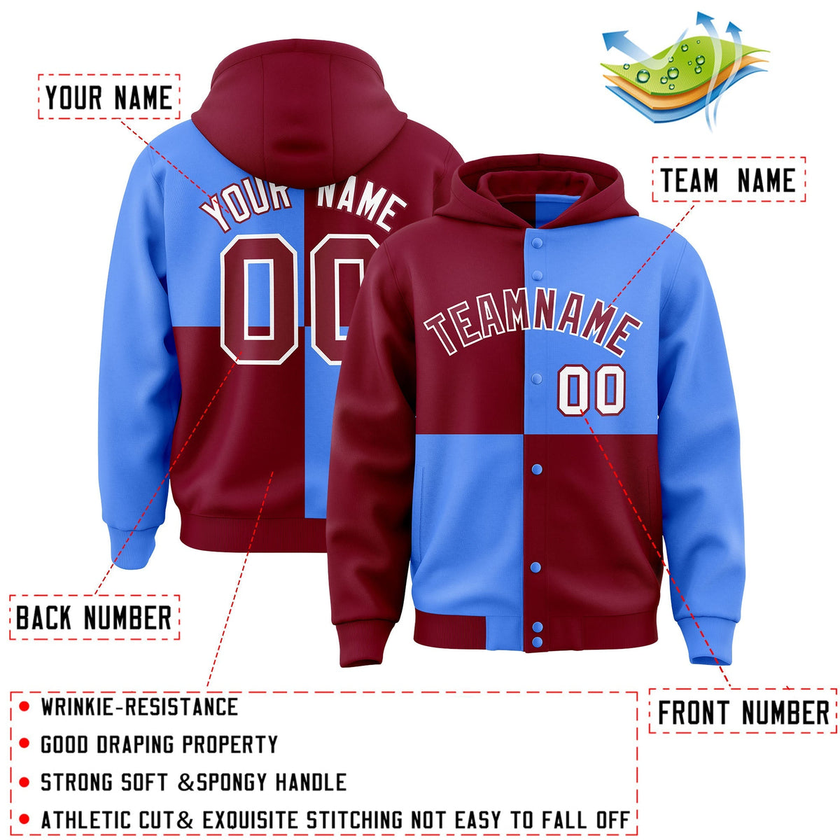 Custom Crimson Powder Blue Varsity Full-Snap Four Squares Color Block Letterman Jacket Hoodie| KXKSHOP
