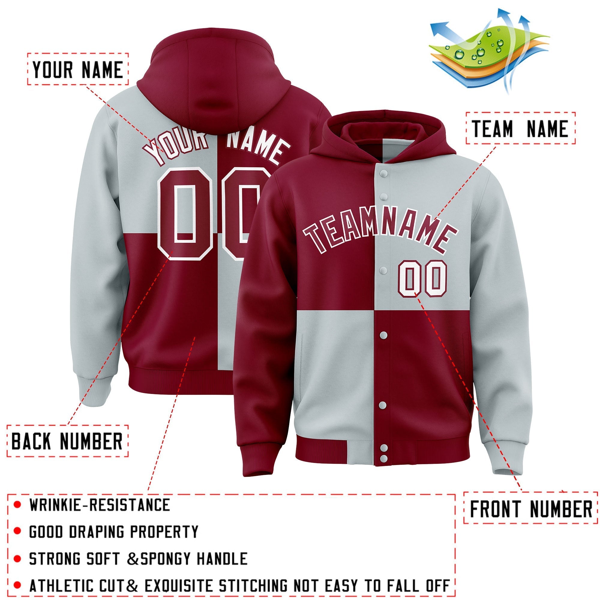 Custom Crimson Silver Varsity Full-Snap Four Squares Color Block Letterman Jacket Hoodie| KXKSHOP