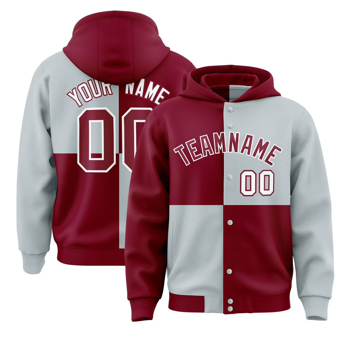 Custom Crimson Silver Varsity Full-Snap Four Squares Color Block Letterman Jacket Hoodie| KXKSHOP