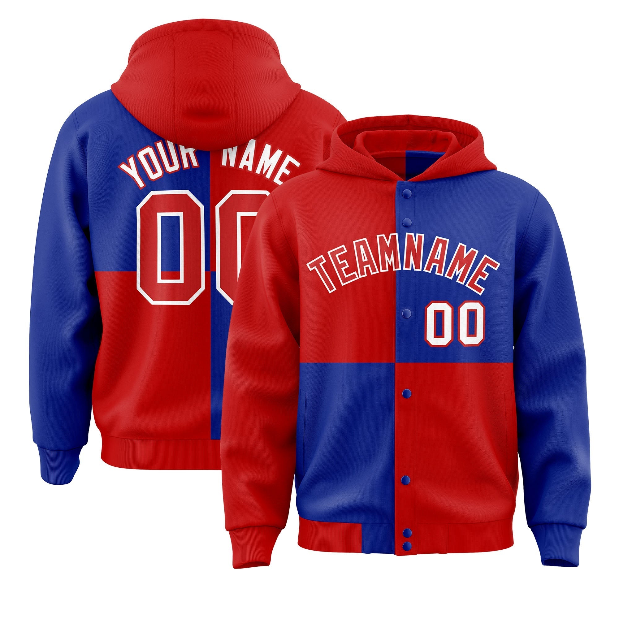 Custom Red Royal Varsity Full-Snap Four Squares Color Block Letterman Jacket Hoodie| KXKSHOP