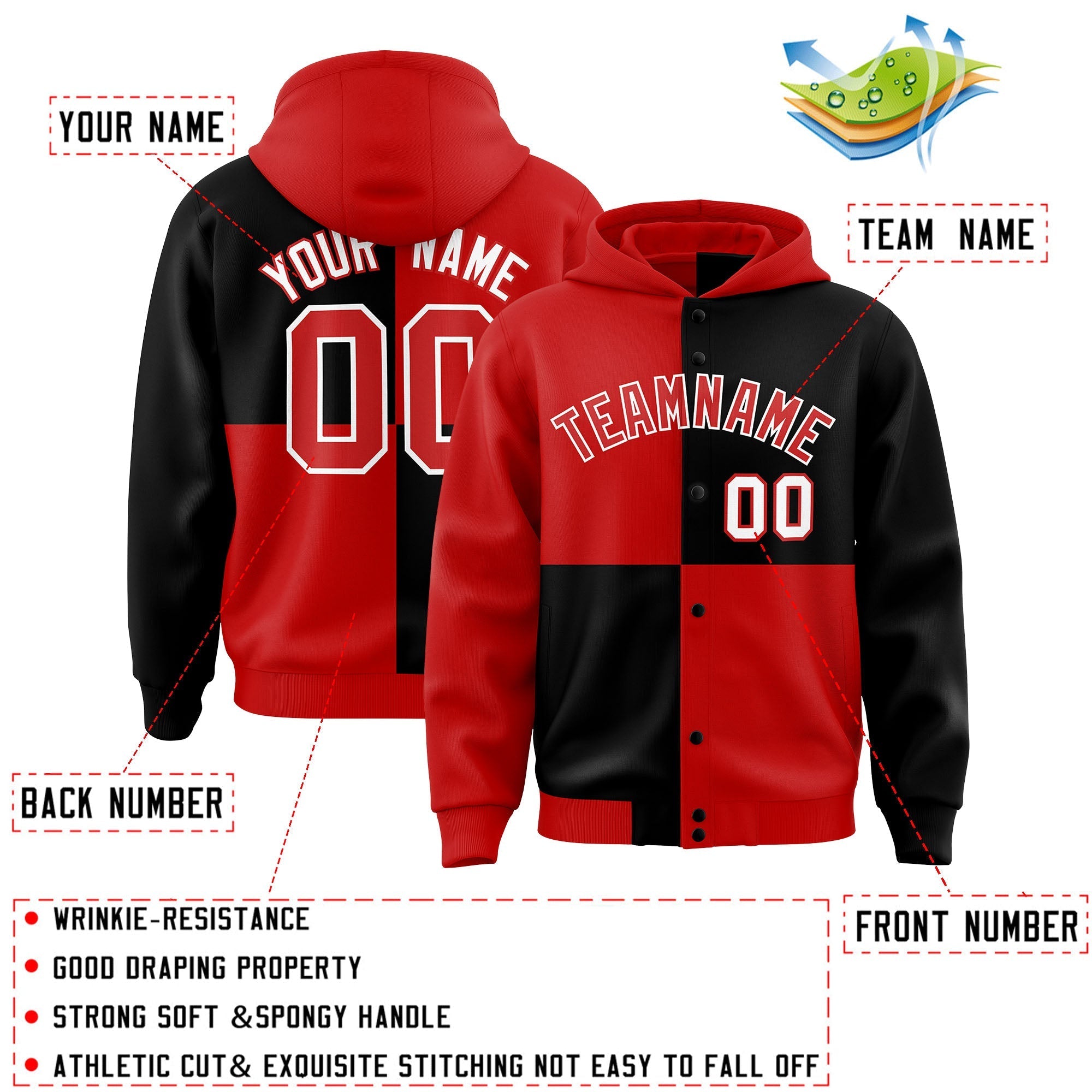 Custom Red Black Varsity Full-Snap Four Squares Color Block Letterman Jacket Hoodie| KXKSHOP